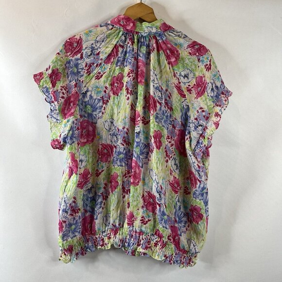 Sunny Taylor Womens Blouse Top Size 1X Multicolor Sheer Floral Button-Down - Picture 7 of 10